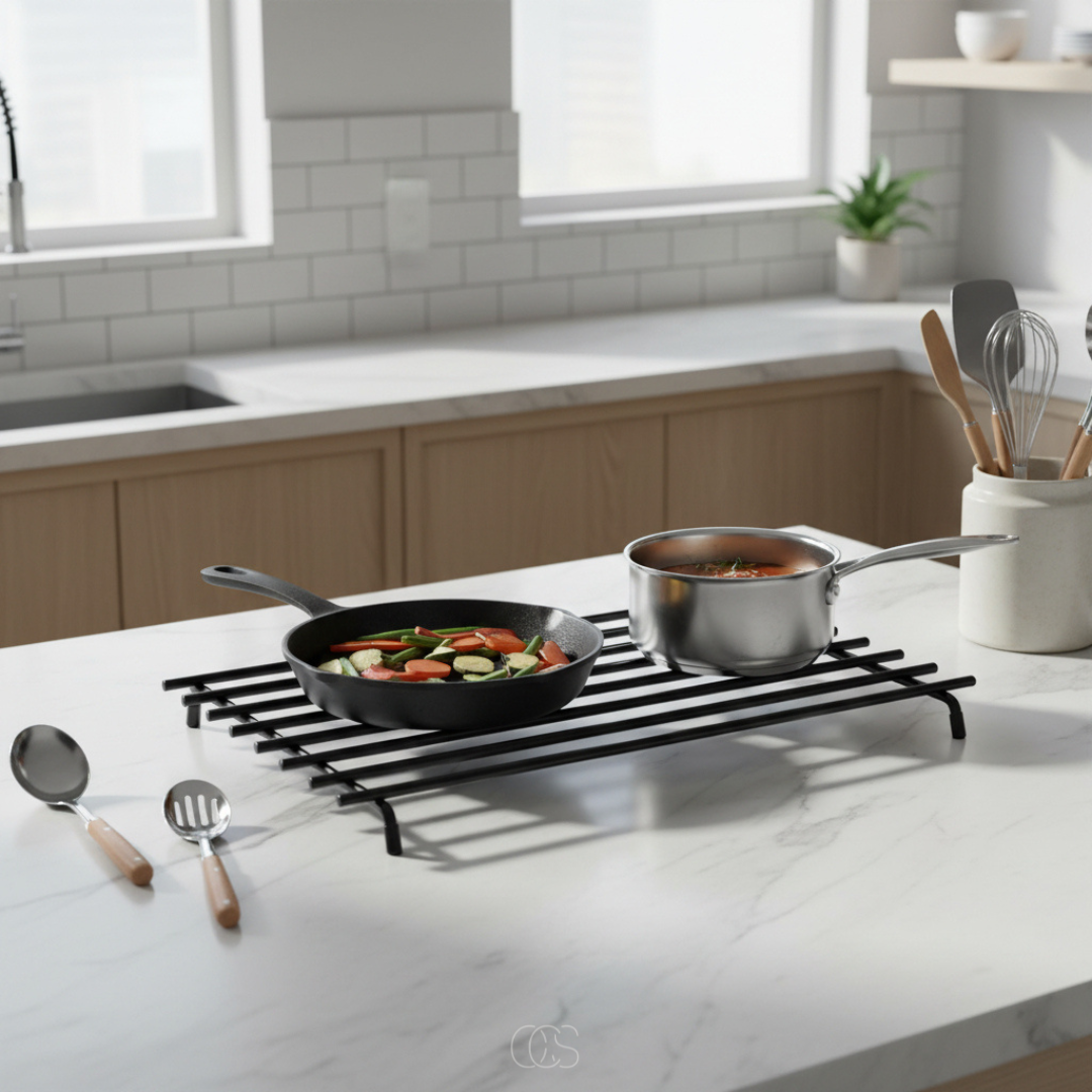 Rechthoekige Pannenonderzetter Metaal Zwart Hittebestendig Antislip Krasvrij Bescherming Keuken Tafel 40x22cm