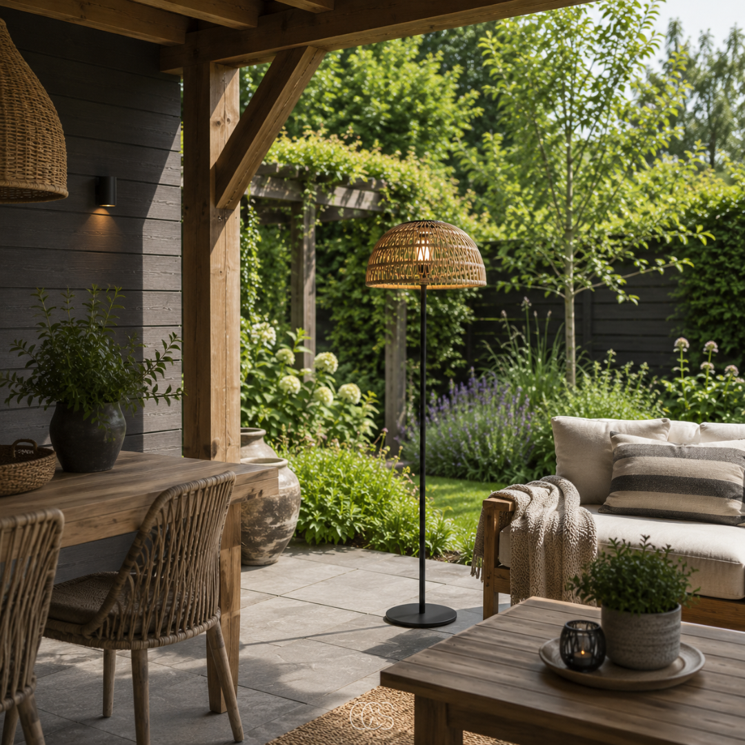 Staande Buitenlamp Rotan Zonne-energie 129cm Zwart Draadloos Sfeerverlichting Tuinverlichting Terras
