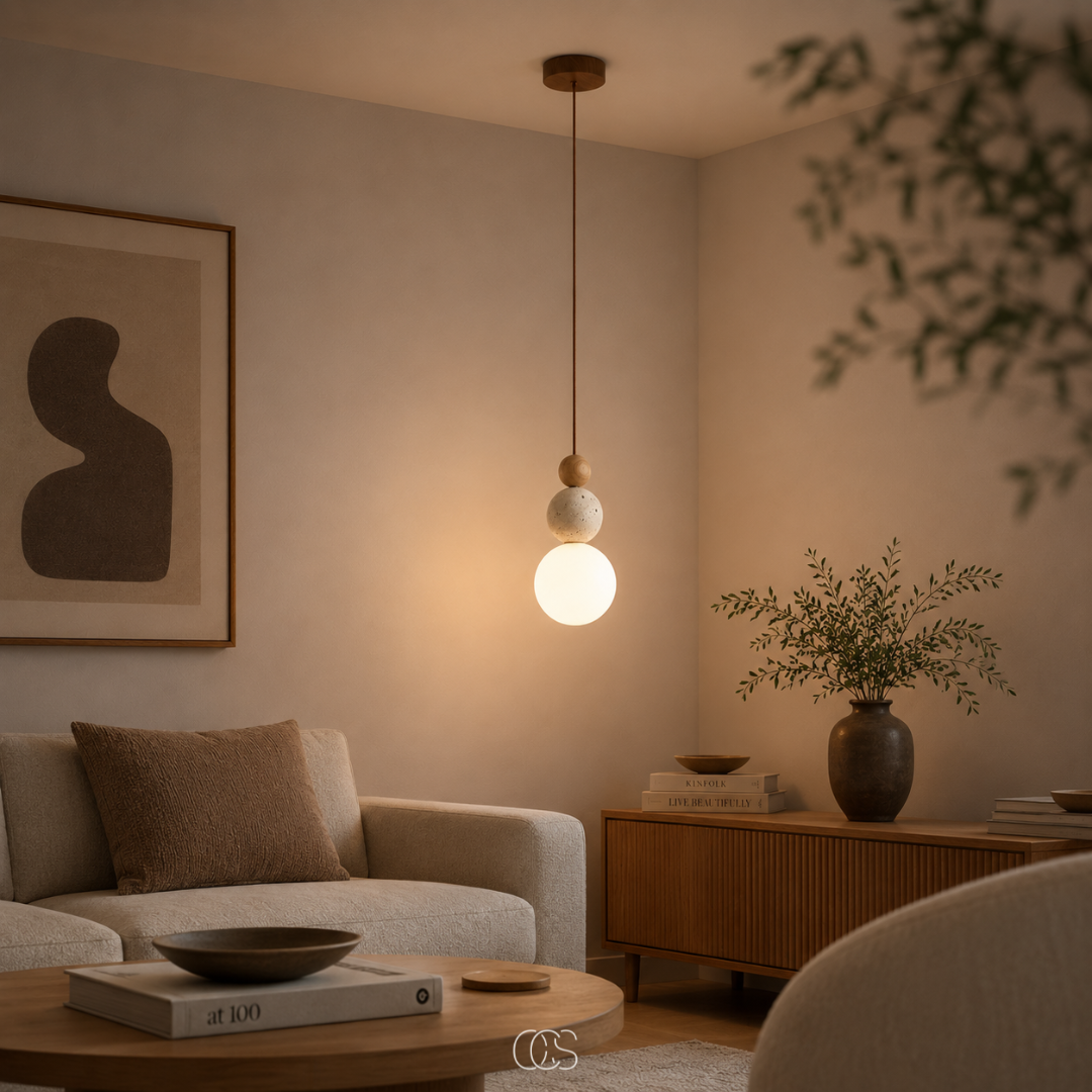 Hanglamp Glazen Bol Travertijn Look Minimalistisch Design Eettafel Sfeerlicht Pendellamp Modern Interieur Woonkamer