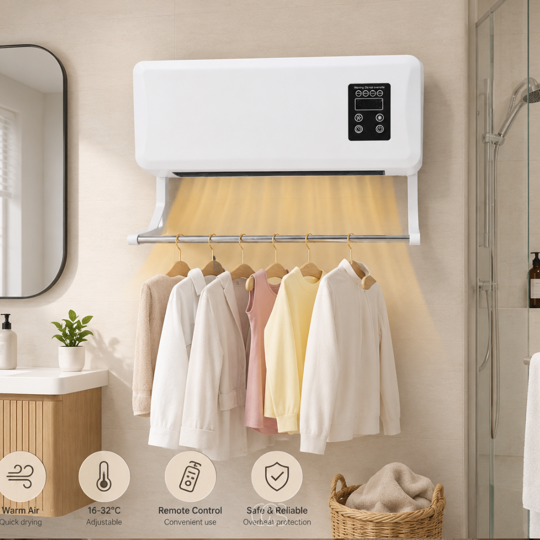 Wandventilator met Verwarming en Droogrek 1500W Wit Timer Afstandsbediening voor Badkamer en Slaapkamer