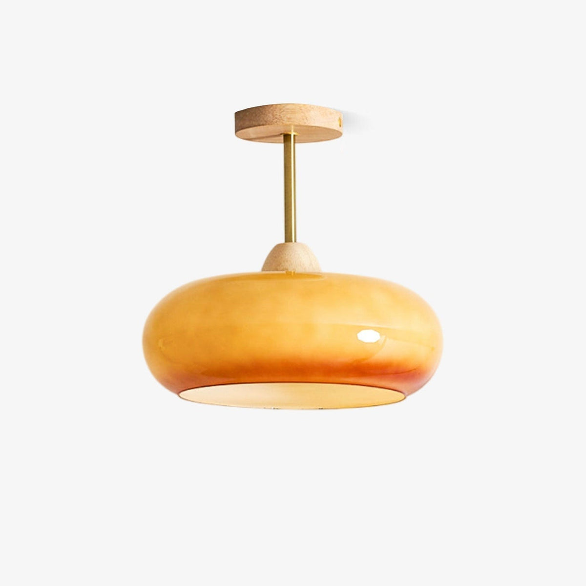 Vintage Bauhaus Plafondlamp met Glazen Schijf - Natuurlijk Houten Frame in Oranje of Wit - Ø28cm Verlichting voor Mid-Century Modern Interieur