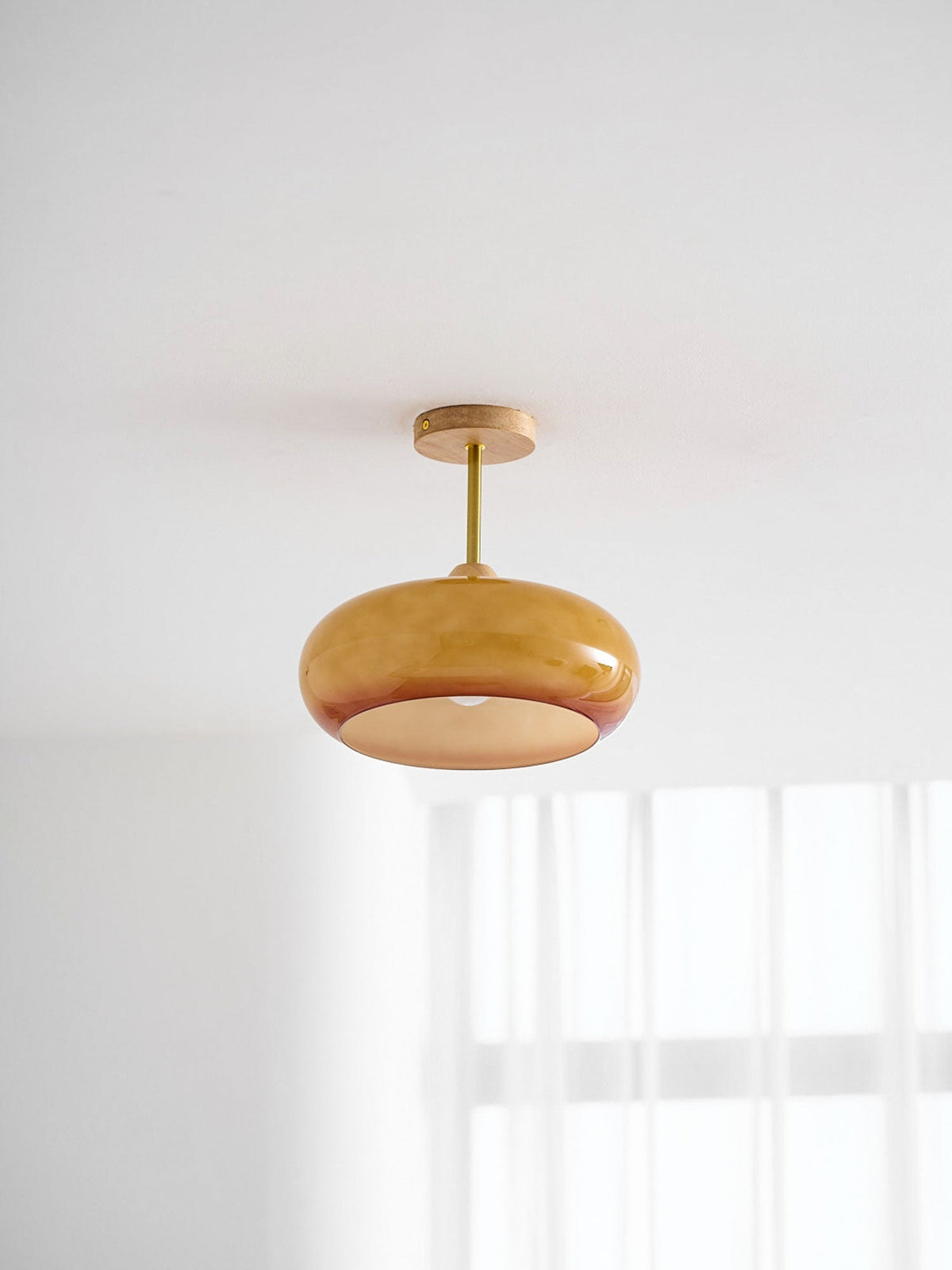 Vintage Bauhaus Plafondlamp met Glazen Schijf - Natuurlijk Houten Frame in Oranje of Wit - Ø28cm Verlichting voor Mid-Century Modern Interieur