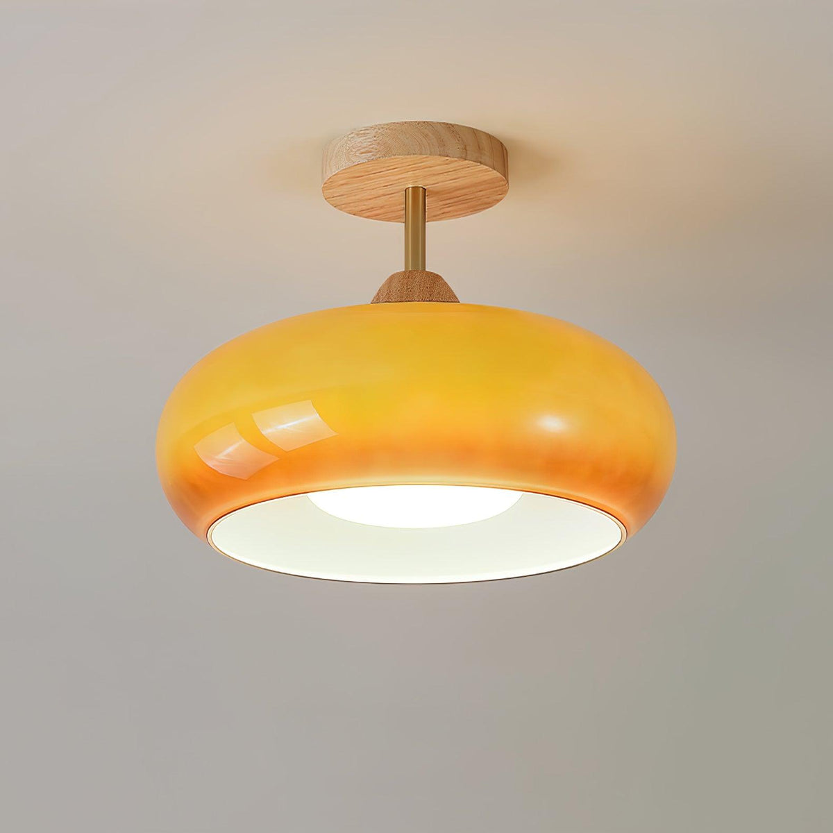 Vintage Bauhaus Plafondlamp met Glazen Schijf - Natuurlijk Houten Frame in Oranje of Wit - Ø28cm Verlichting voor Mid-Century Modern Interieur