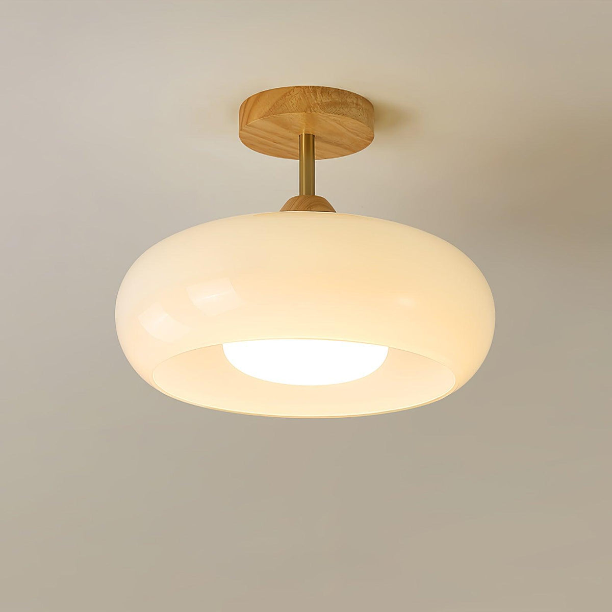 Vintage Bauhaus Plafondlamp met Glazen Schijf - Natuurlijk Houten Frame in Oranje of Wit - Ø28cm Verlichting voor Mid-Century Modern Interieur