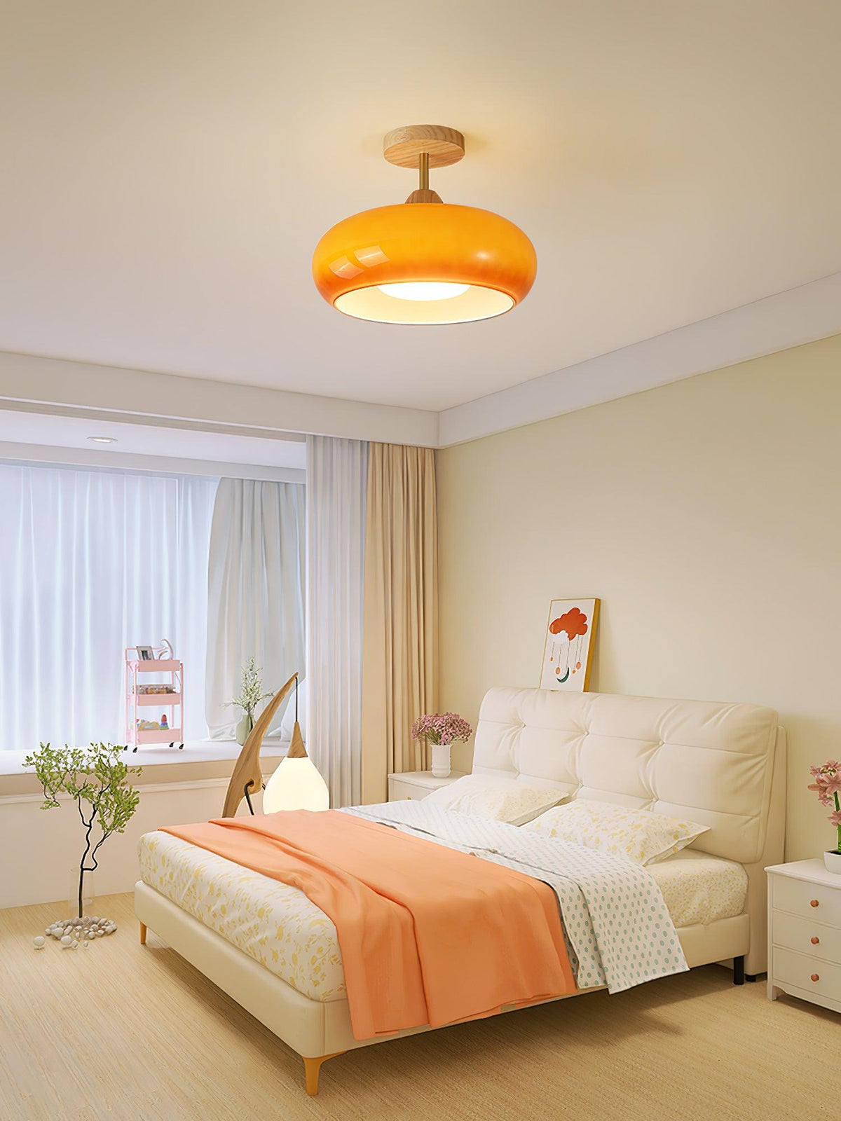 Vintage Bauhaus Plafondlamp met Glazen Schijf - Natuurlijk Houten Frame in Oranje of Wit - Ø28cm Verlichting voor Mid-Century Modern Interieur