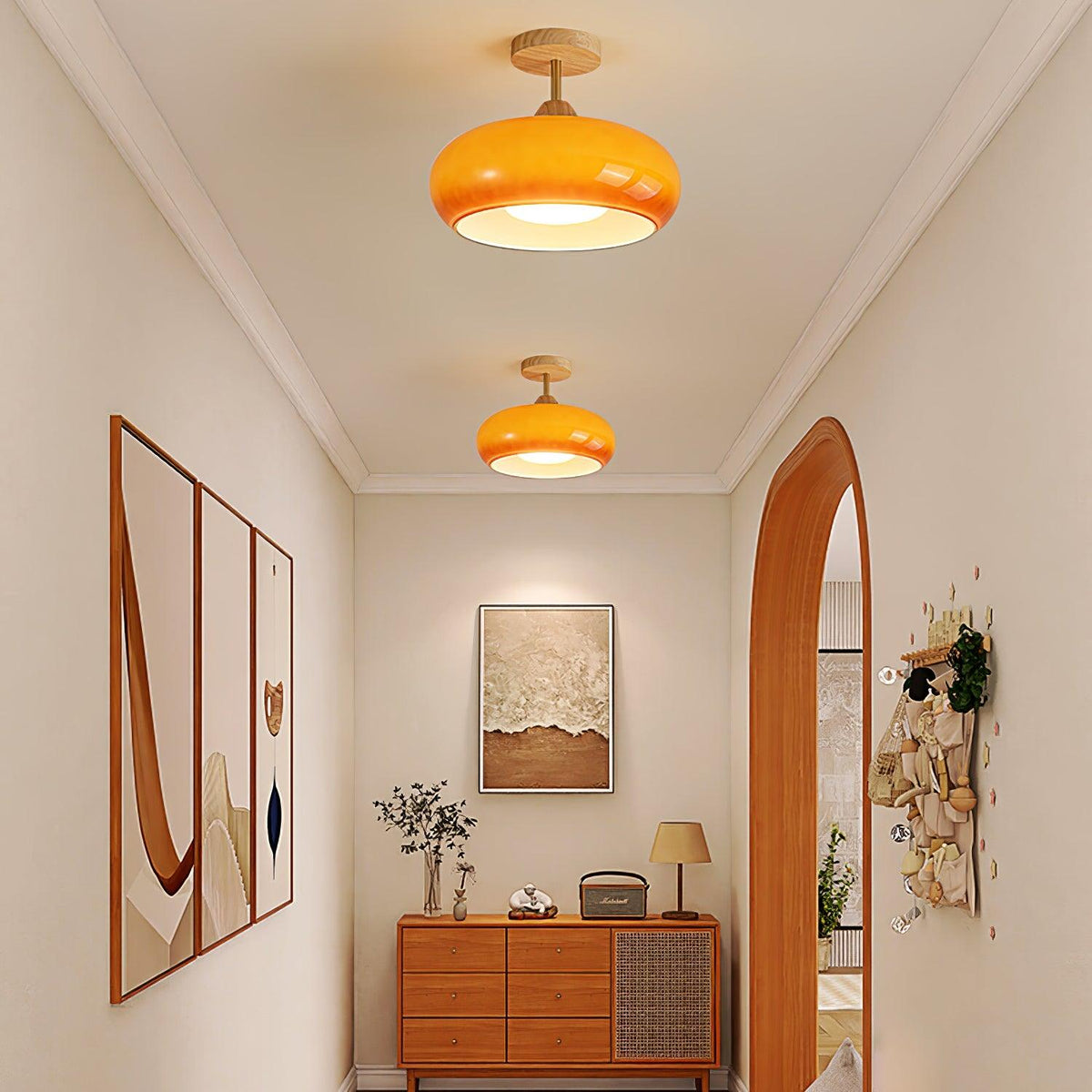 Vintage Bauhaus Plafondlamp met Glazen Schijf - Natuurlijk Houten Frame in Oranje of Wit - Ø28cm Verlichting voor Mid-Century Modern Interieur