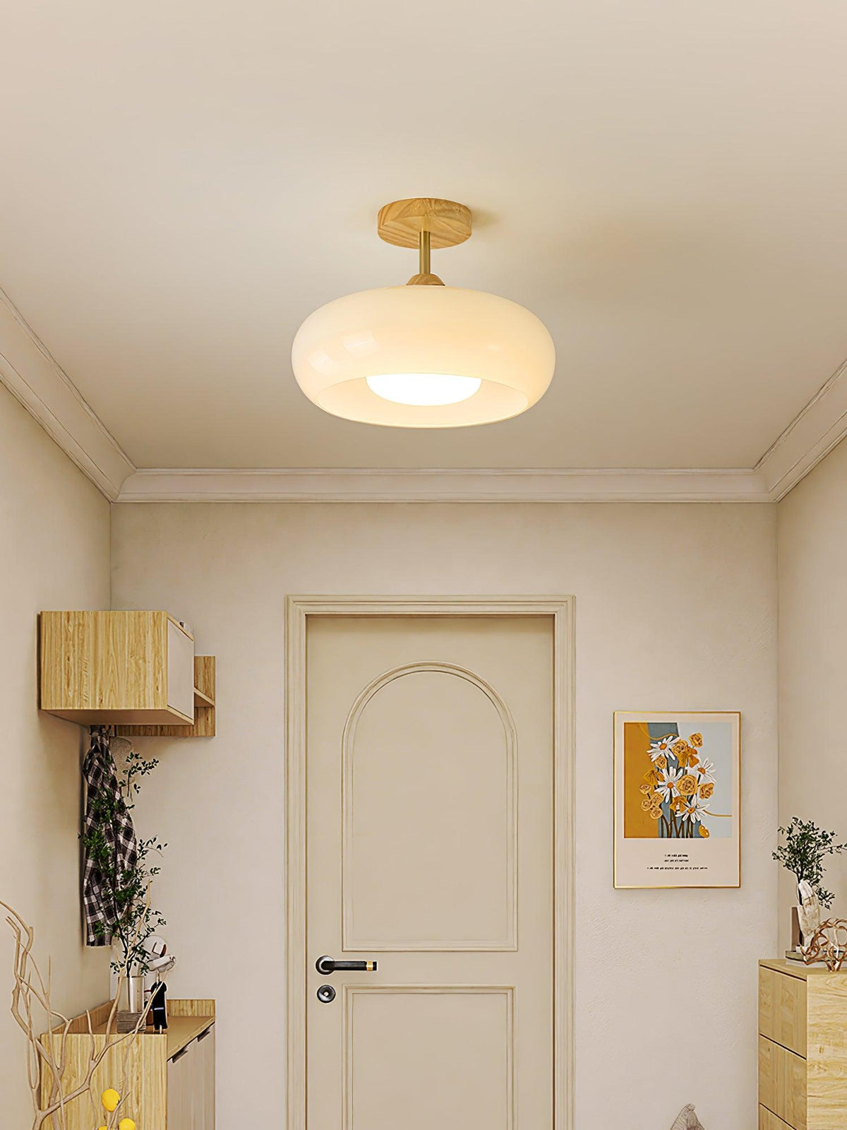 Vintage Bauhaus Plafondlamp met Glazen Schijf - Natuurlijk Houten Frame in Oranje of Wit - Ø28cm Verlichting voor Mid-Century Modern Interieur