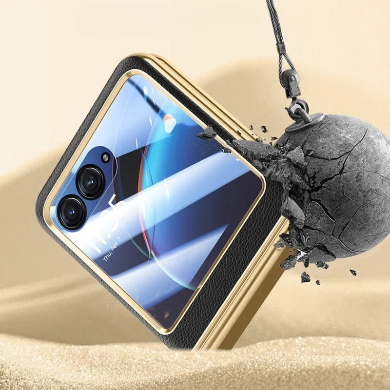 Kunstleren beschermhoes voor opvouwbare smartphone met gehard glas verchroomde afwerking en volledige bescherming