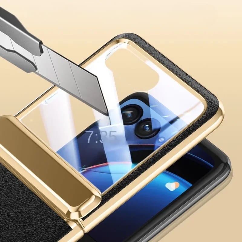 Kunstleren beschermhoes voor opvouwbare smartphone met gehard glas verchroomde afwerking en volledige bescherming