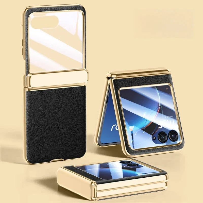 Kunstleren beschermhoes voor opvouwbare smartphone met gehard glas verchroomde afwerking en volledige bescherming