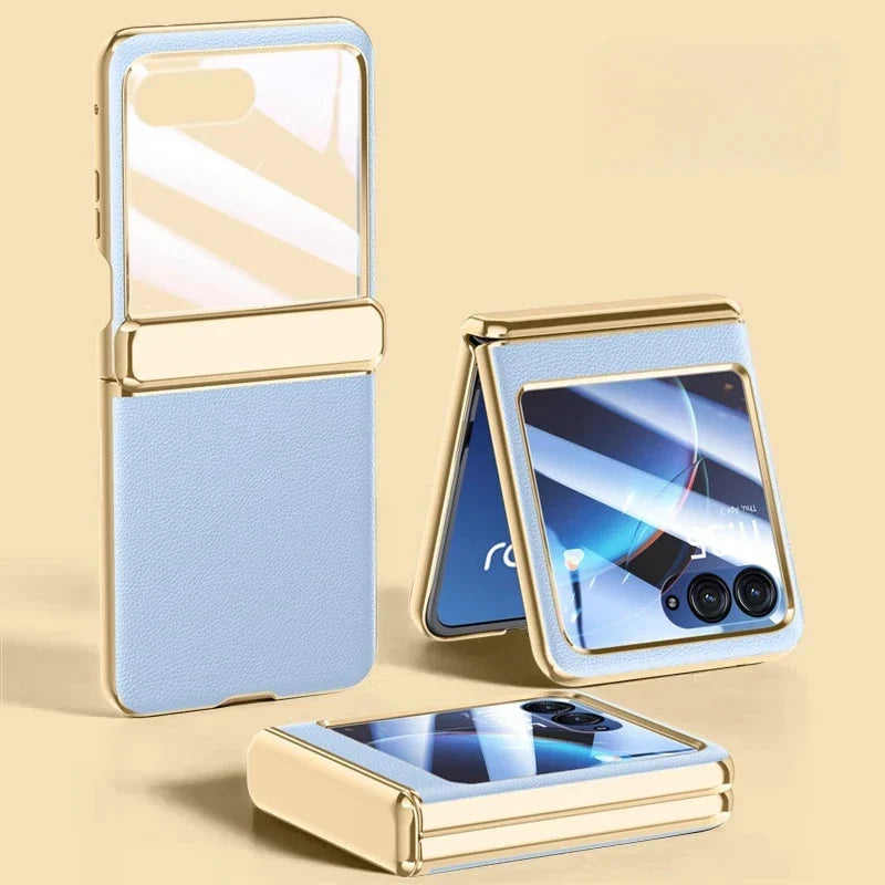 Kunstleren beschermhoes voor opvouwbare smartphone met gehard glas verchroomde afwerking en volledige bescherming