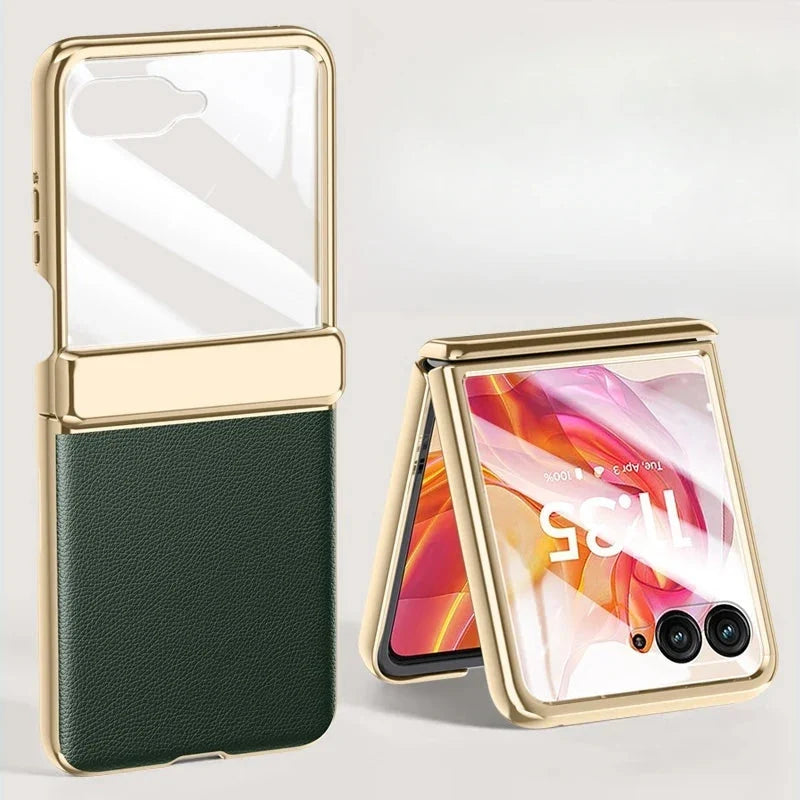 Kunstleren beschermhoes voor opvouwbare smartphone met gehard glas verchroomde afwerking en volledige bescherming