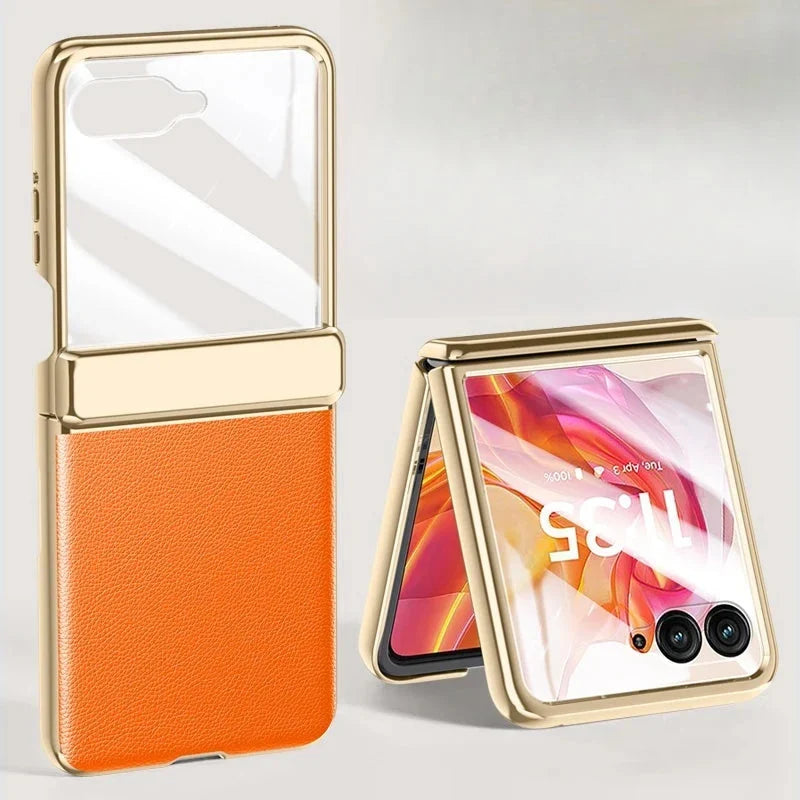 Kunstleren beschermhoes voor opvouwbare smartphone met gehard glas verchroomde afwerking en volledige bescherming