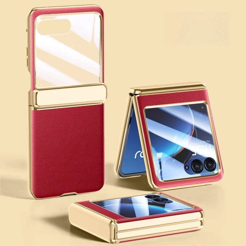 Kunstleren beschermhoes voor opvouwbare smartphone met gehard glas verchroomde afwerking en volledige bescherming