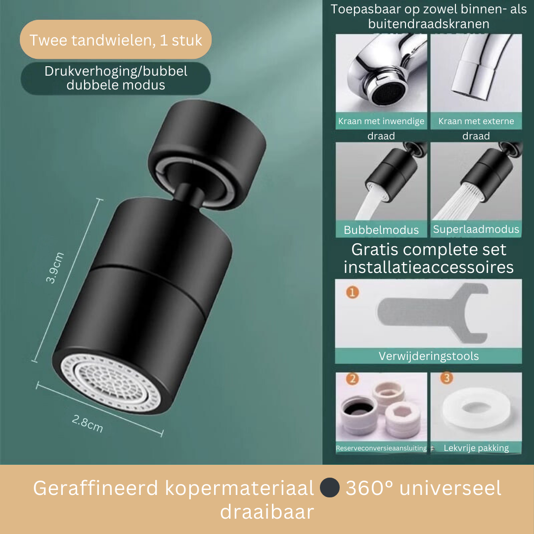 Kraan Spuitmond met 720° Draaibare Kop - Spatvrij Sproeikop met Anti-Spetter Technologie en Dubbele Waterstraal voor Keuken en Badkamer