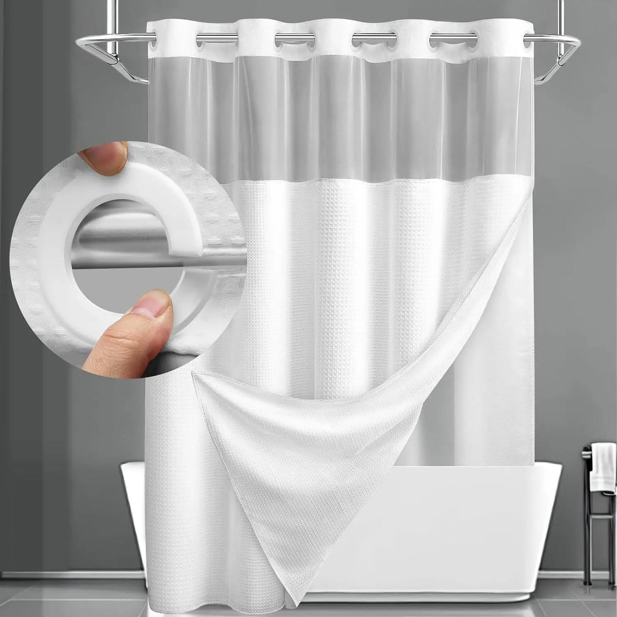Douchegordijn zonder Ringen met Ingebouwde Liner - Wafeldoek voor Badkamer