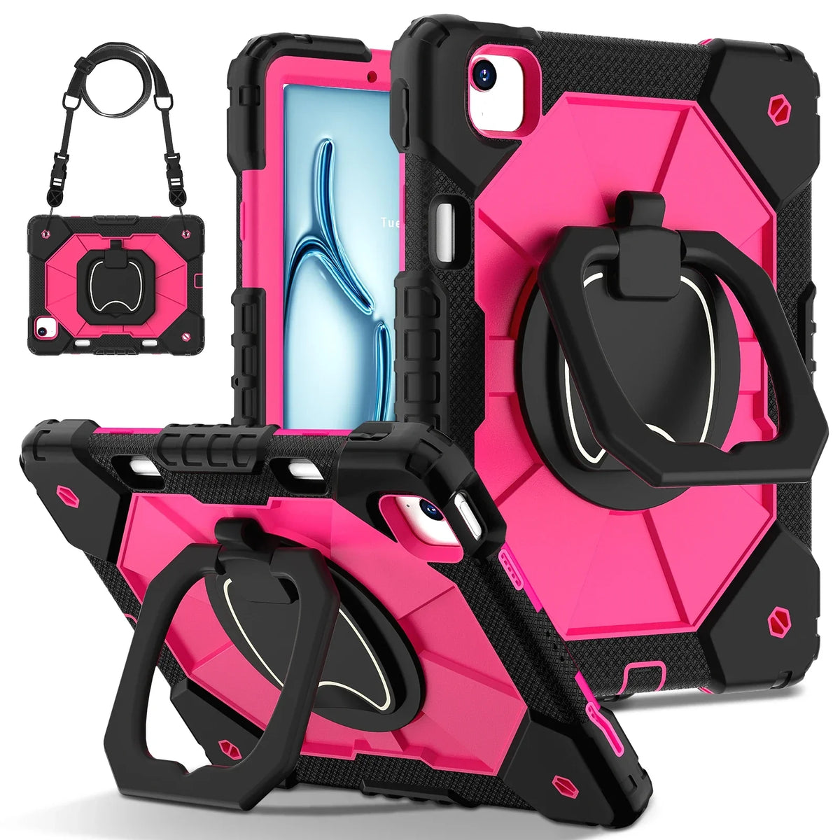 Robuuste iPad Hoes met Ringgrip Drielaagse Bescherming Kickstand Schouderband Screenprotector Zwart Oranje