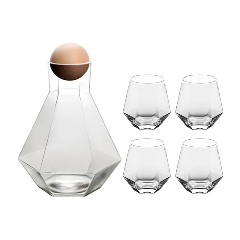 Glazen Karafset 5-delig met Diamantreliëf Transparant Glas Beukenhout Dop voor Serveren van Water Sap Wijn