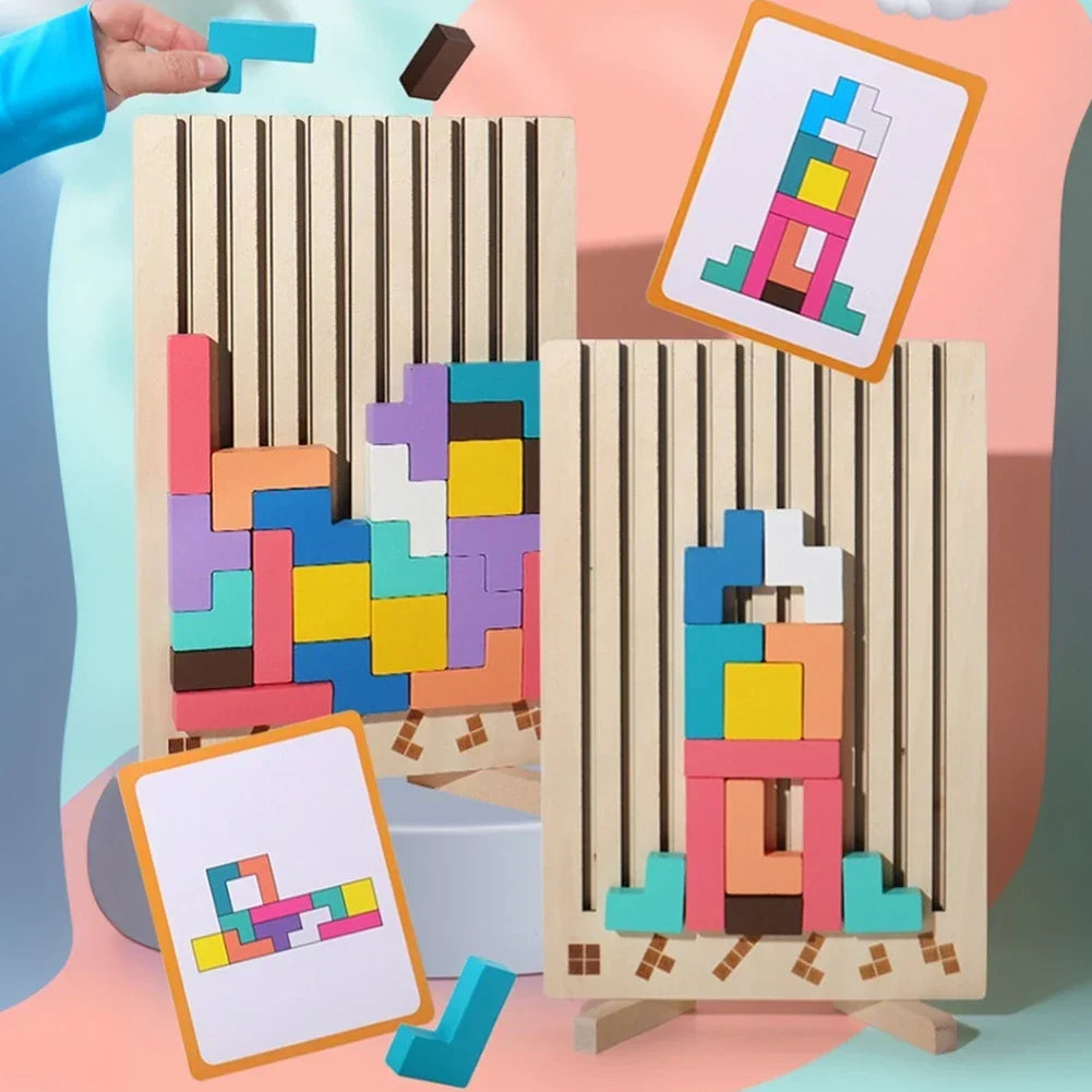Houten 3D Puzzelspel voor Kinderen - Creatief Tetris Stapelspel met Geometrische Blokken - Ruimtelijk Inzicht & Handcoördinatie