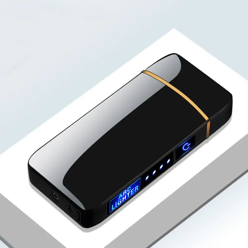 Oplaadbare USB Plasma Aansteker Blauw Metaal Dubbele Lichtboog Windbestendig voor Kaars Kachel Binnen Buiten Modern Design Milieuvriendelijk zonder Gas Aanraakbediening LED Batterij-indicator