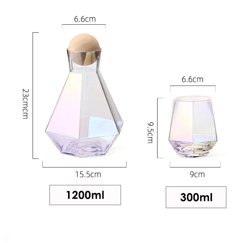 Glazen Karafset 5-delig met Diamantreliëf Transparant Glas Beukenhout Dop voor Serveren van Water Sap Wijn