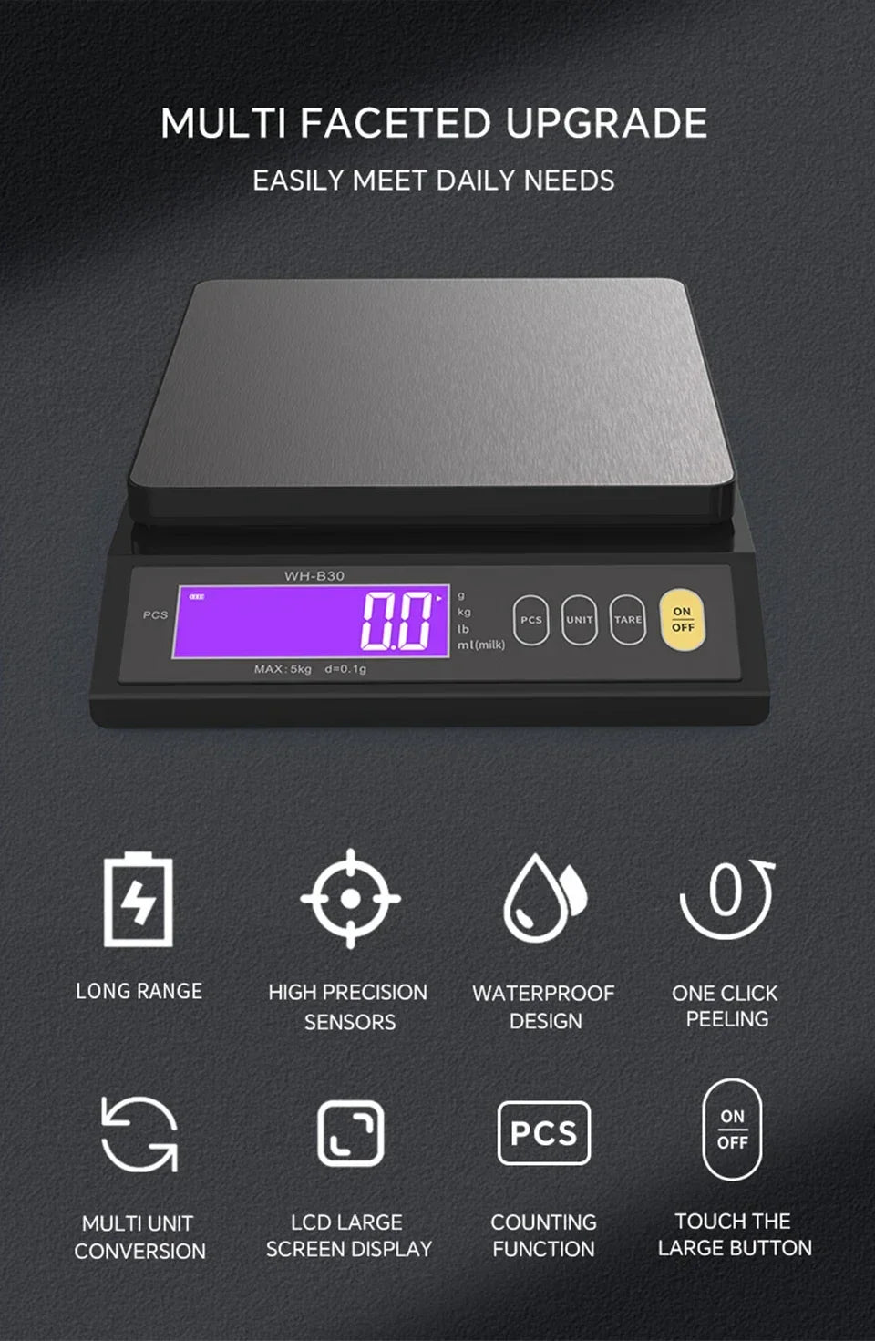Digitale Keukenweegschaal RVS Waterdicht 10kg Precisie Bakken Koken Portioneren Oplaadbaar LCD Display