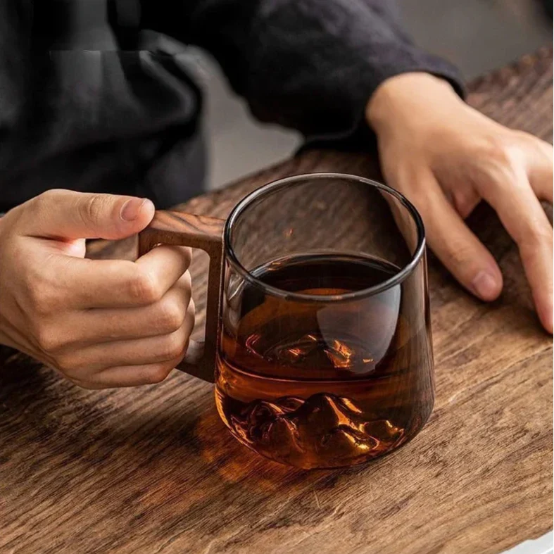 Glazen Bergpiek Beker met Dubbele Wand 300ml - Hittebestendig Borosilicaatglas met Houten Handgreep voor Koffie en Thee