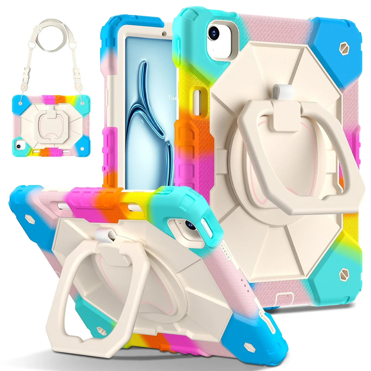 Robuuste iPad Hoes met Ringgrip Drielaagse Bescherming Kickstand Schouderband Screenprotector Zwart Oranje
