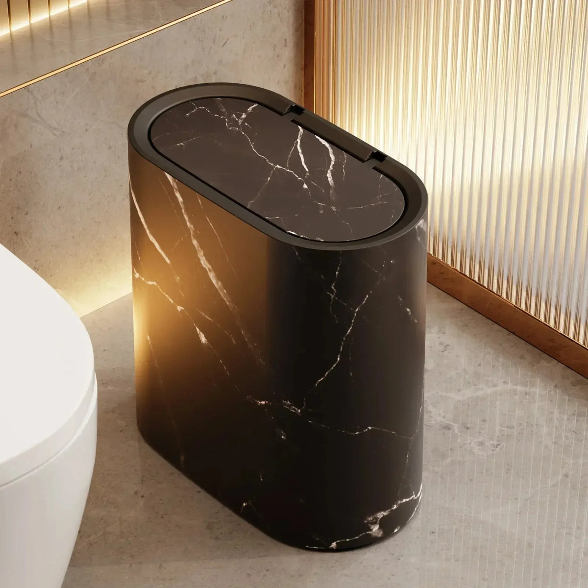 Afvalbak Marmerdesign Ellips Push Deksel Badkamer WC Kantoor Nordic Scandinavisch Compact Hygiënisch