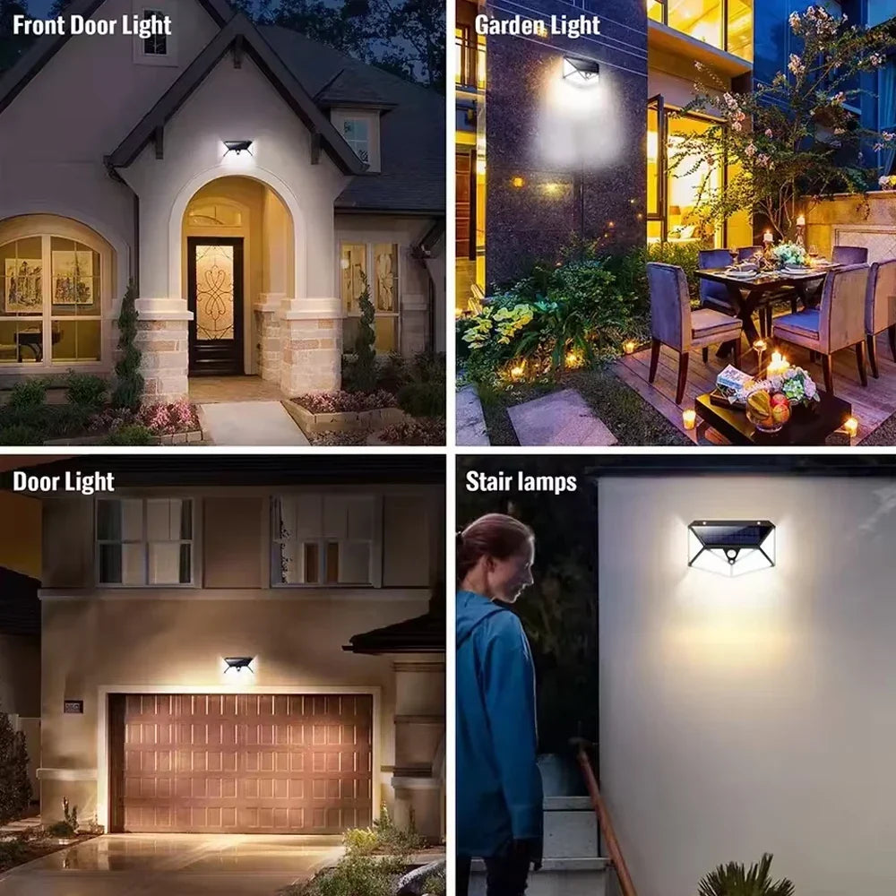 Zonne-energie Wandlamp Buiten 100 LED Bewegingssensor Waterdicht IP65 Zwart Veiligheidsverlichting Tuin