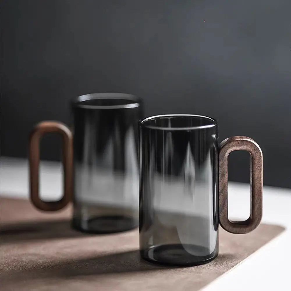 Glazen Beker met Houten Handvat - Hittebestendig Borosilicaatglas voor Thee, Koffie, Sap - Scandinavische Keuken Drinkglas
