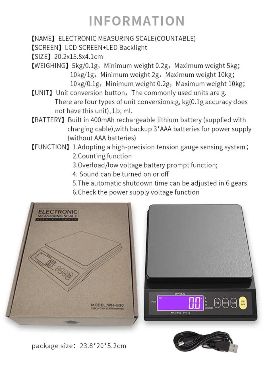 Digitale Keukenweegschaal RVS Waterdicht 10kg Precisie Bakken Koken Portioneren Oplaadbaar LCD Display