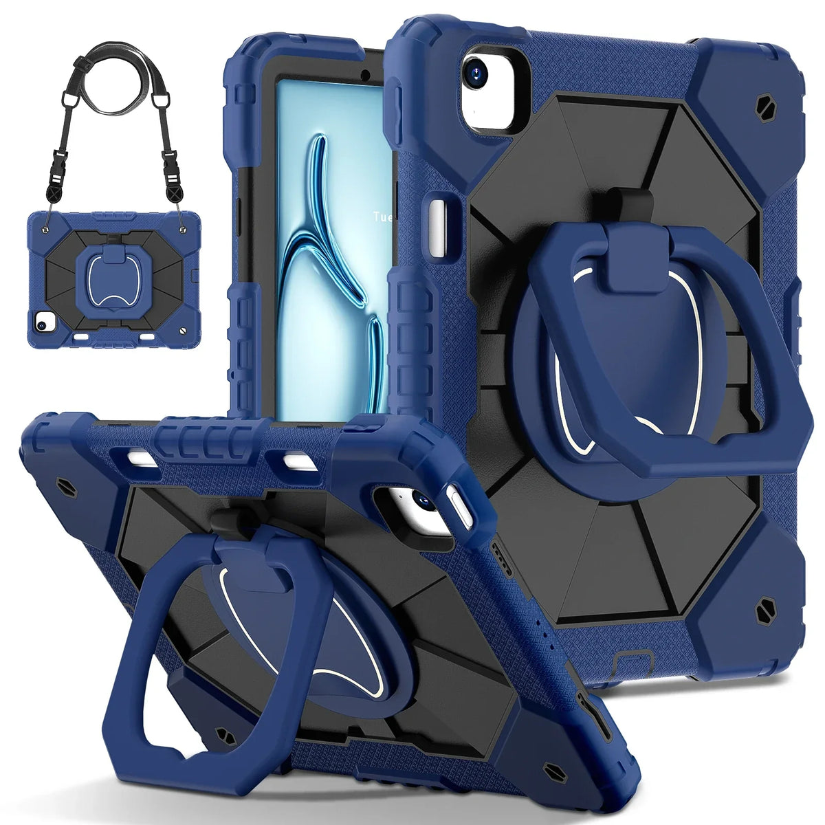 Robuuste iPad Hoes met Ringgrip Drielaagse Bescherming Kickstand Schouderband Screenprotector Zwart Oranje