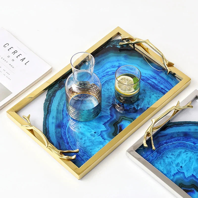 Decoratief Dienblad met Blauwe Agaatprint - Rechthoekig en Rond Glas met RVS Frame - Stijlvolle Serveerplank voor Drankjes en Hapjes