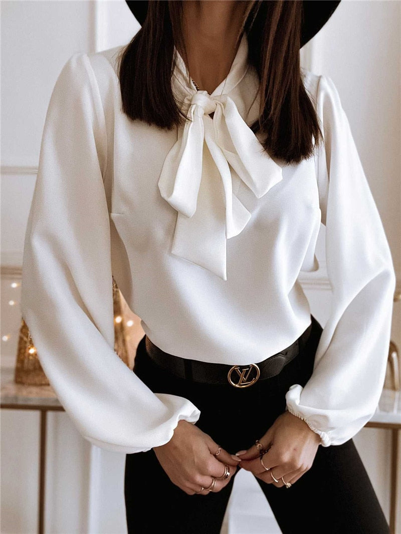 Dames Blouse met Elegante Strik Decoratie Chique Topje Lange Mouwen Zakelijke Vrouwenmode Kantoorkleding