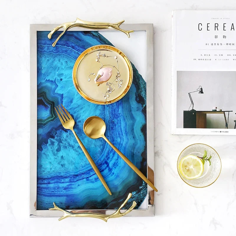 Decoratief Dienblad met Blauwe Agaatprint - Rechthoekig en Rond Glas met RVS Frame - Stijlvolle Serveerplank voor Drankjes en Hapjes