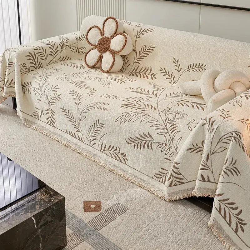 Chenille Jacquard Bankbeschermer met Bladpatroon - Antislip Bankhoes Bescherming