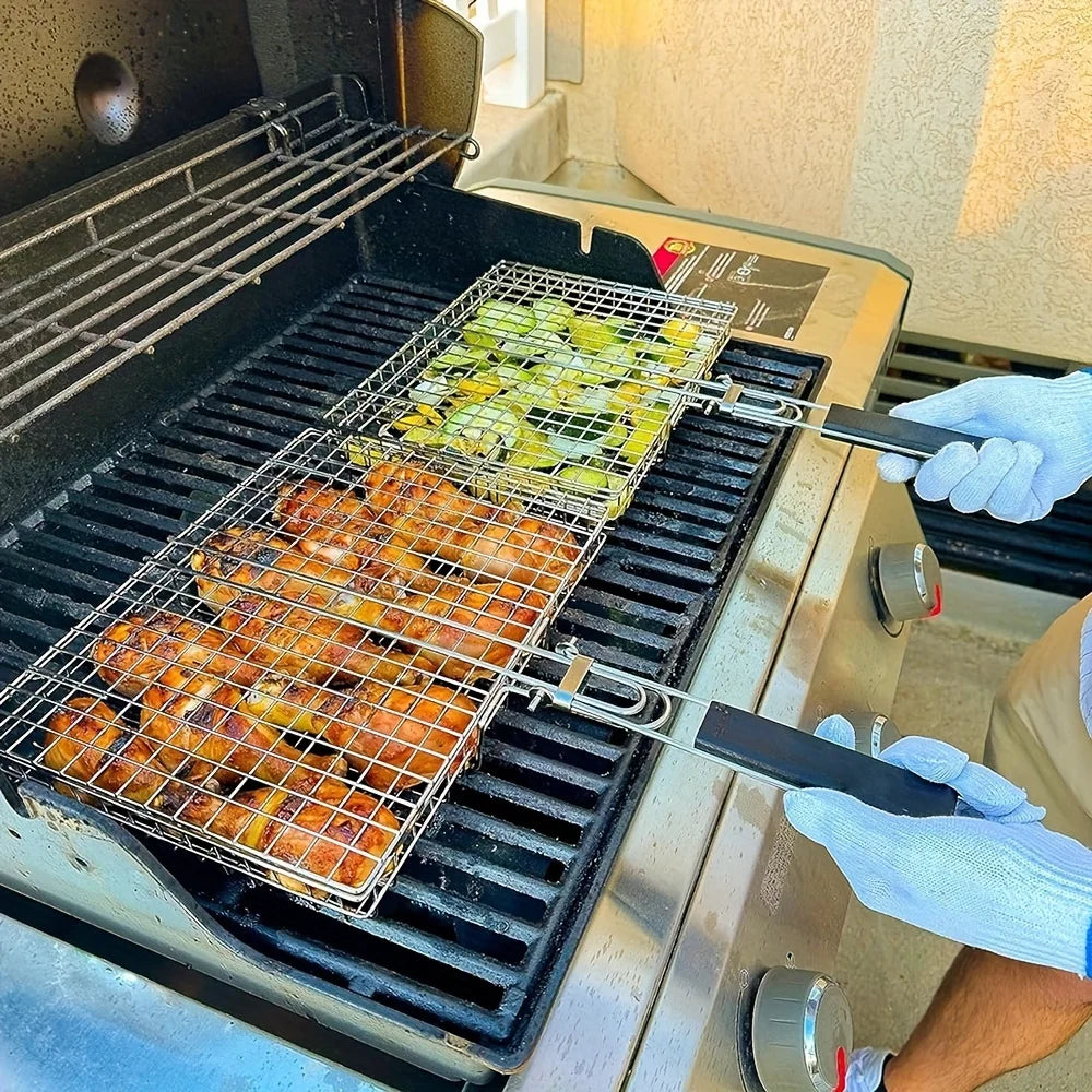 Inklapbare Grillmand Roestvrij Staal Antiaanbak BBQ Groente Vlees Vis Camping Barbecue Houtskool Grill