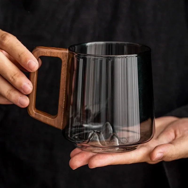 Glazen Bergpiek Beker met Dubbele Wand 300ml - Hittebestendig Borosilicaatglas met Houten Handgreep voor Koffie en Thee