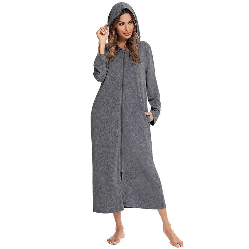 Badjas met Capuchon en Rits Fleece Ochtendjas met Zakken Dames Lange Mouwen Homewear Zwangerschap Comfortabel