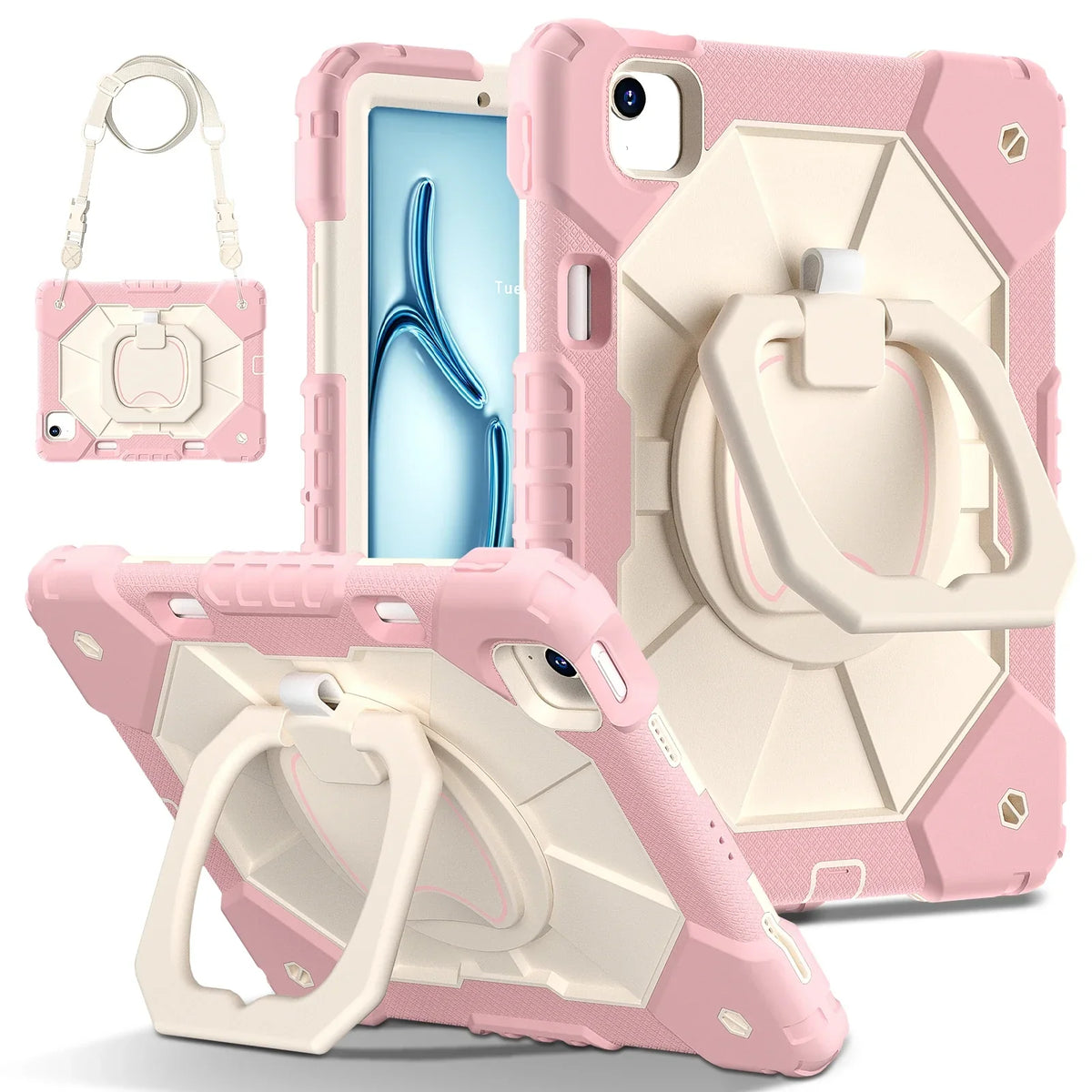 Robuuste iPad Hoes met Ringgrip Drielaagse Bescherming Kickstand Schouderband Screenprotector Zwart Oranje