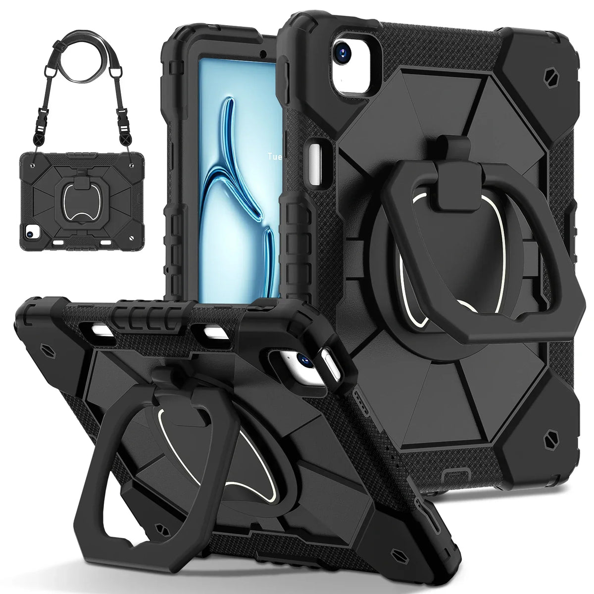 Robuuste iPad Hoes met Ringgrip Drielaagse Bescherming Kickstand Schouderband Screenprotector Zwart Oranje