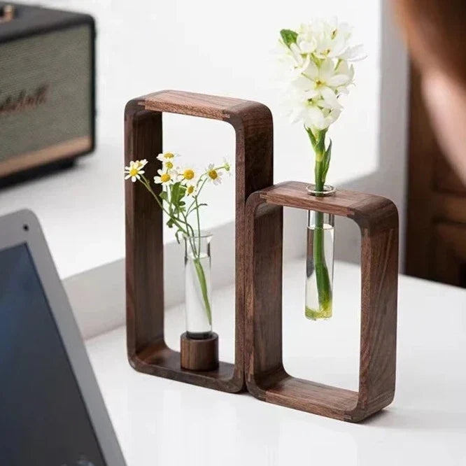 Glazen Plantenvaasje met Houten Standaard voor Stekjes en Hydrocultuur