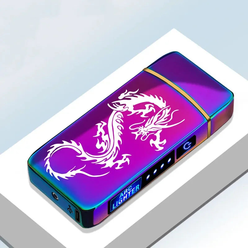 Oplaadbare USB Plasma Aansteker Blauw Metaal Dubbele Lichtboog Windbestendig voor Kaars Kachel Binnen Buiten Modern Design Milieuvriendelijk zonder Gas Aanraakbediening LED Batterij-indicator