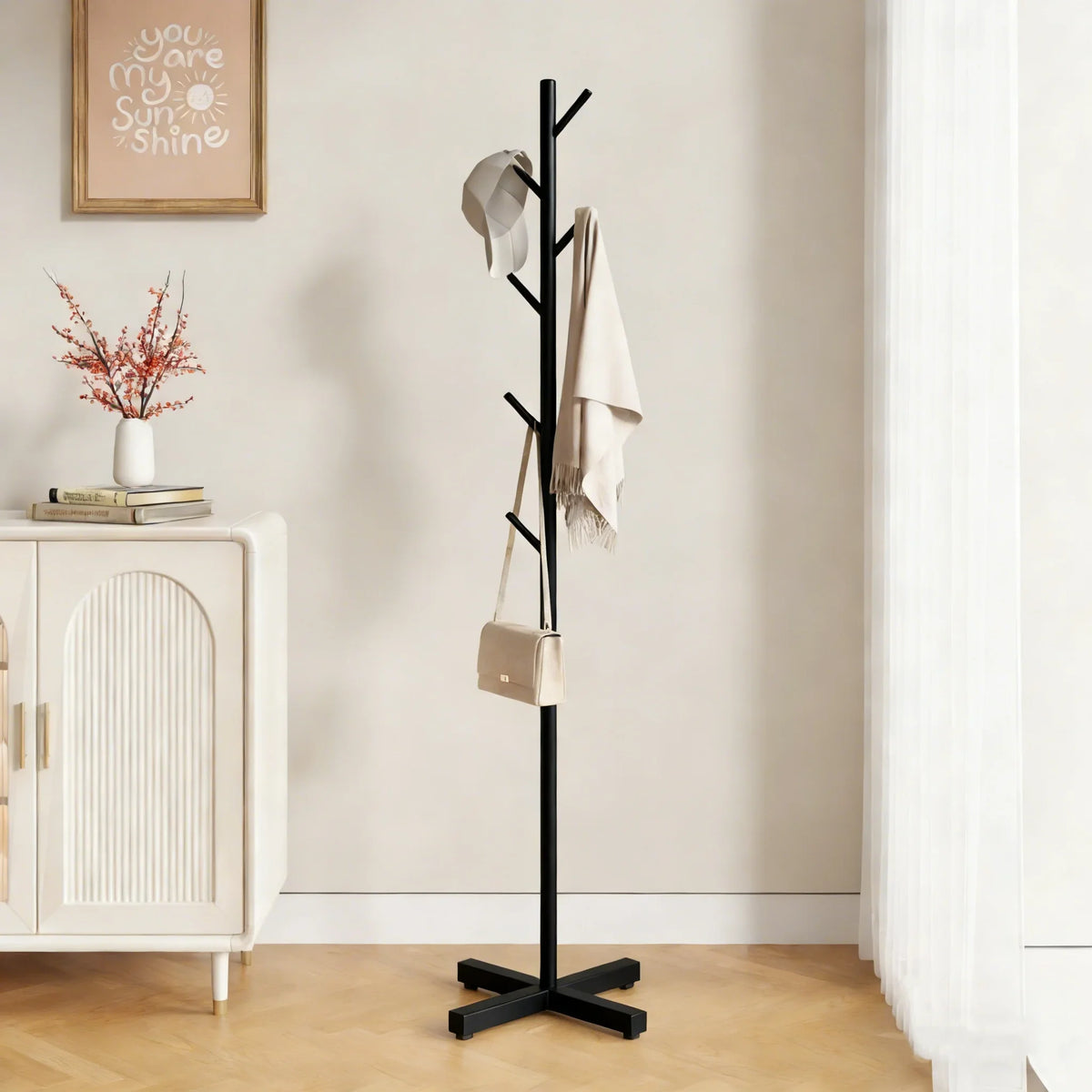 Staande Kapstok Metaal Zwart 167cm 8 Haken Slaapkamer Hal Vloerstaand Kledingrek Antislip Jassen Ophangsysteem Garderobe Standaard