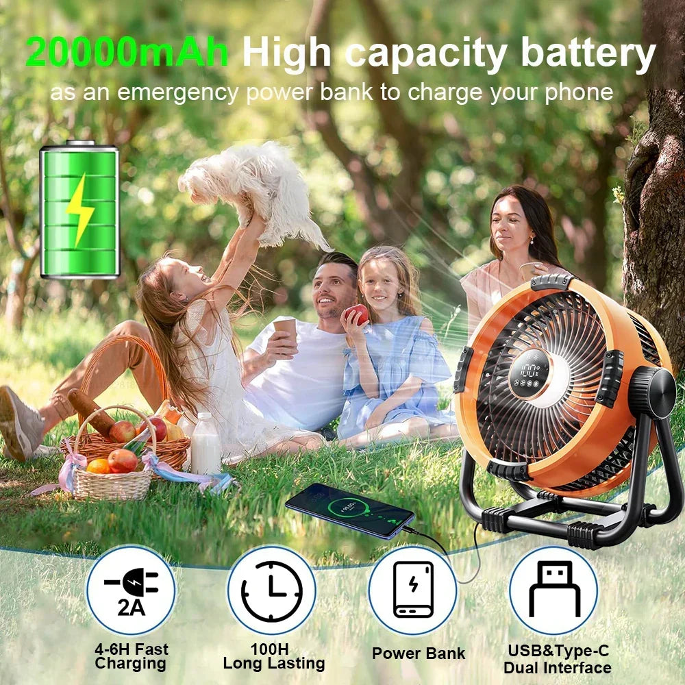 Oplaadbare Campingventilator 20000mAh LED Verlichting Afstandsbediening Outdoor Koeling Powerbank Tent