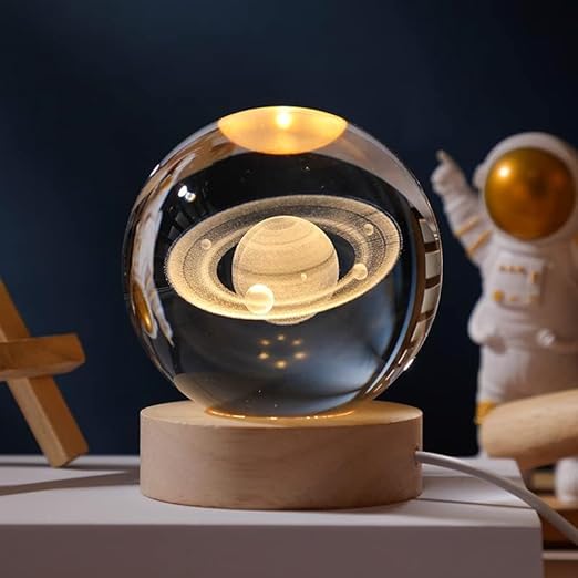 Glazen Bol met LED Verlichting 7cm Kosmos Ontwerp Decoratieve Nachtlamp Houten Standaard USB Sfeerlamp