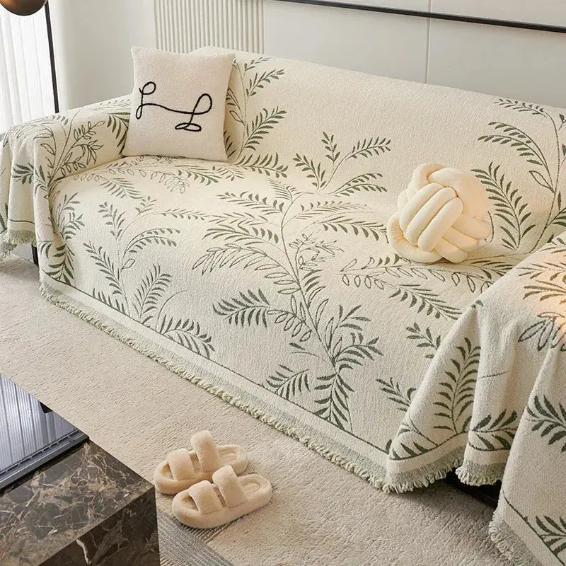 Chenille Jacquard Bankbeschermer met Bladpatroon - Antislip Bankhoes Bescherming