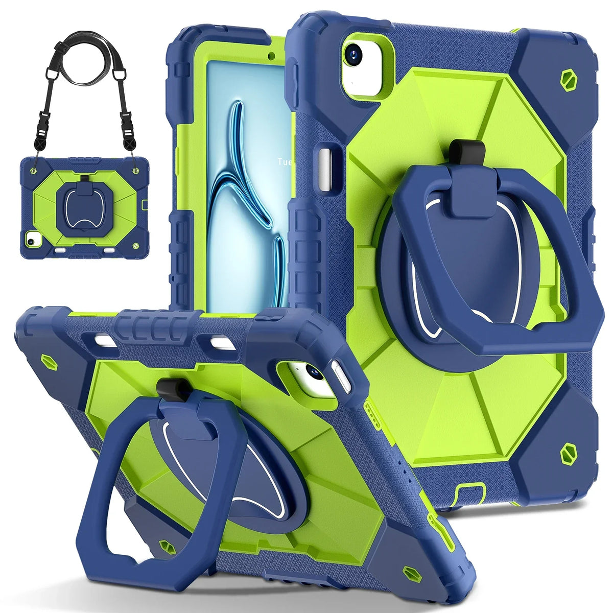 Robuuste iPad Hoes met Ringgrip Drielaagse Bescherming Kickstand Schouderband Screenprotector Zwart Oranje