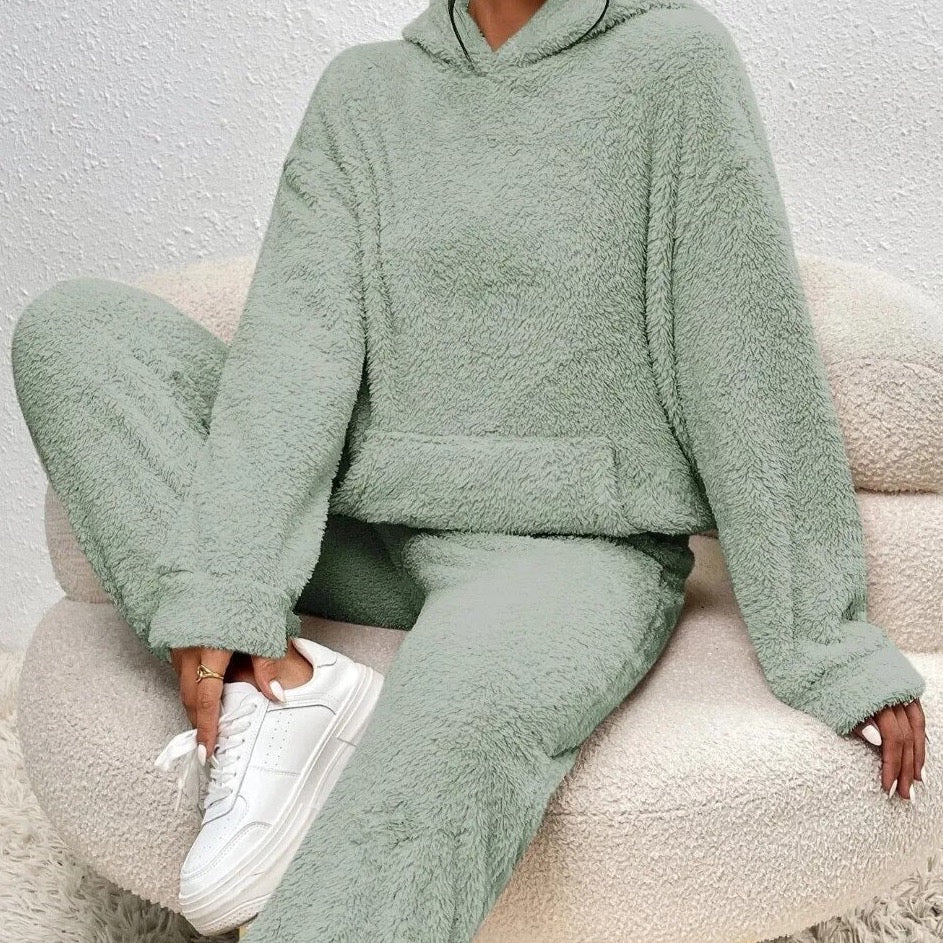 Teddy Loungewear Set met Capuchon Dames Grijs Beige Groen Winterpak Fleece Huispak Tweedelig Zachte Broek